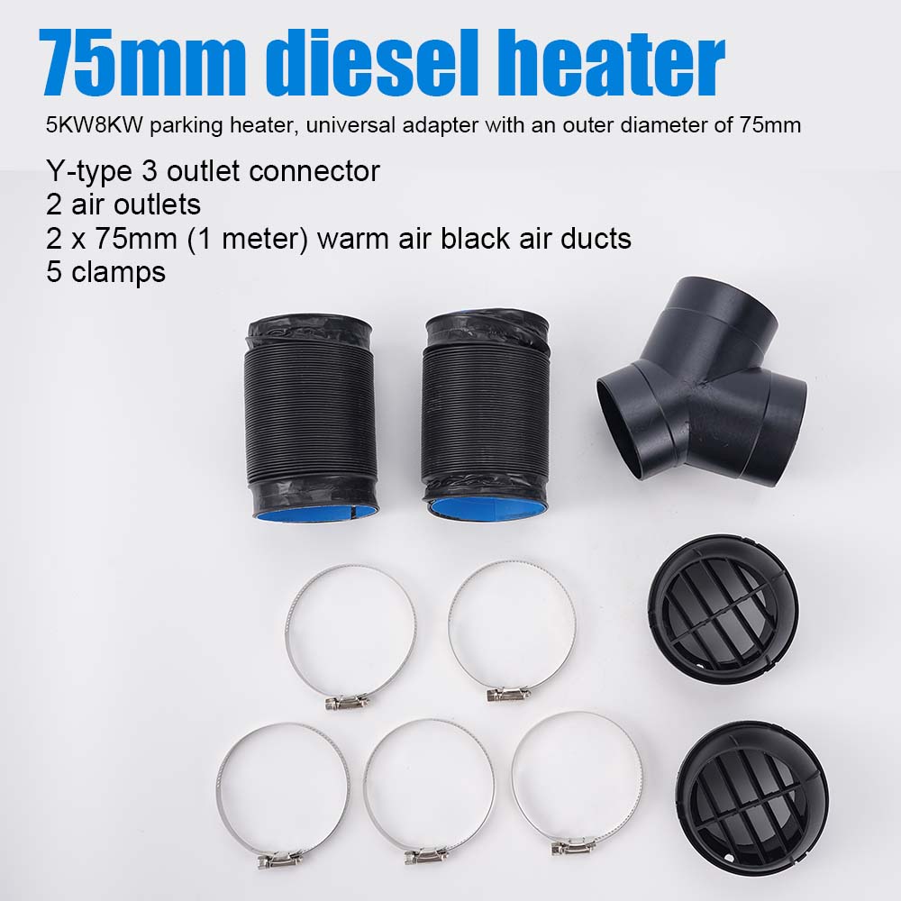 

75mm Parking Heater Air Distribution Duct Set Ventilation Duct Tee Connector Air Duct Pipes For Warm Air For Car Truck Van RV