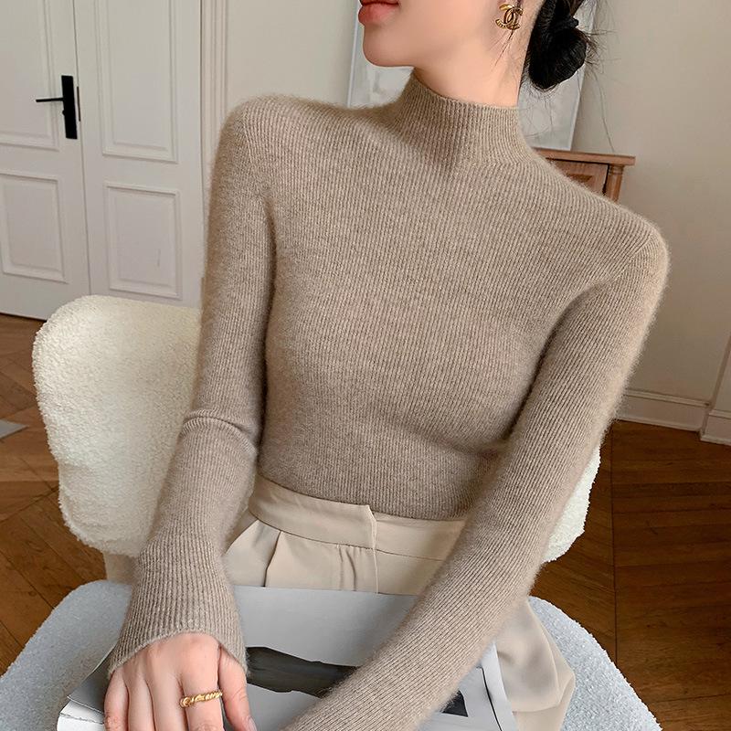 Women's Seamless Half-High Neck Knit Sweater: Versatile, Tight-Fitting Base Layer for Autumn and Winter