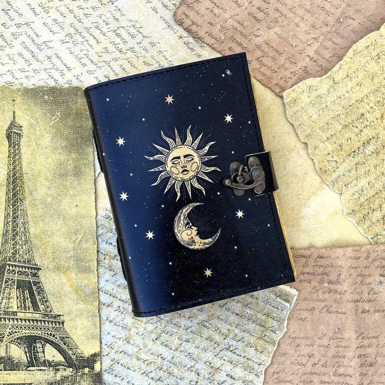 Vintage look Leather Journal leather notebook Handmade Beautiful Sun Moon Sketchbook Writing Journal Antique Deckle Edge Paper C-Lock Travel