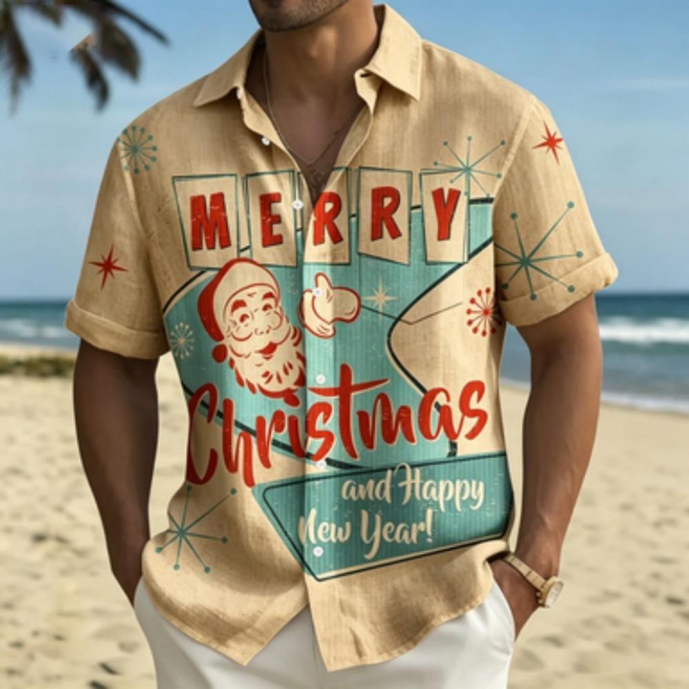 Men's short sleeved shirt, Santa Claus printed short sleeved shirt, European and American holiday casual collar shirt