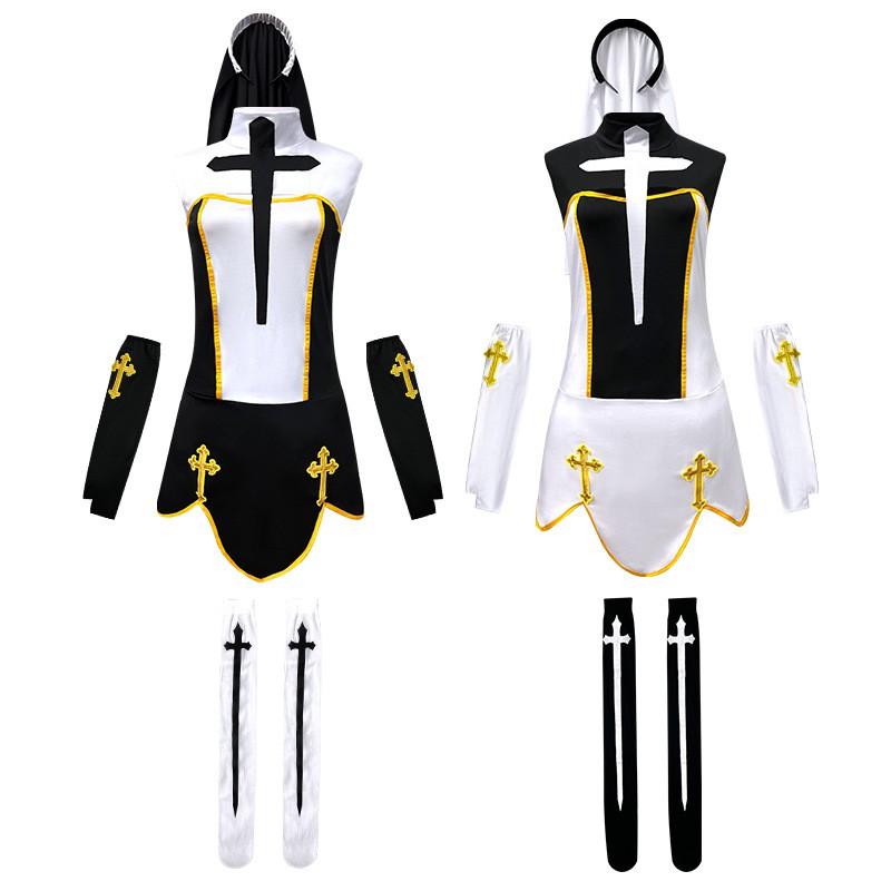 Halloween Nun Costume Role Play Outfit Stage Performance Womens Game Uniform