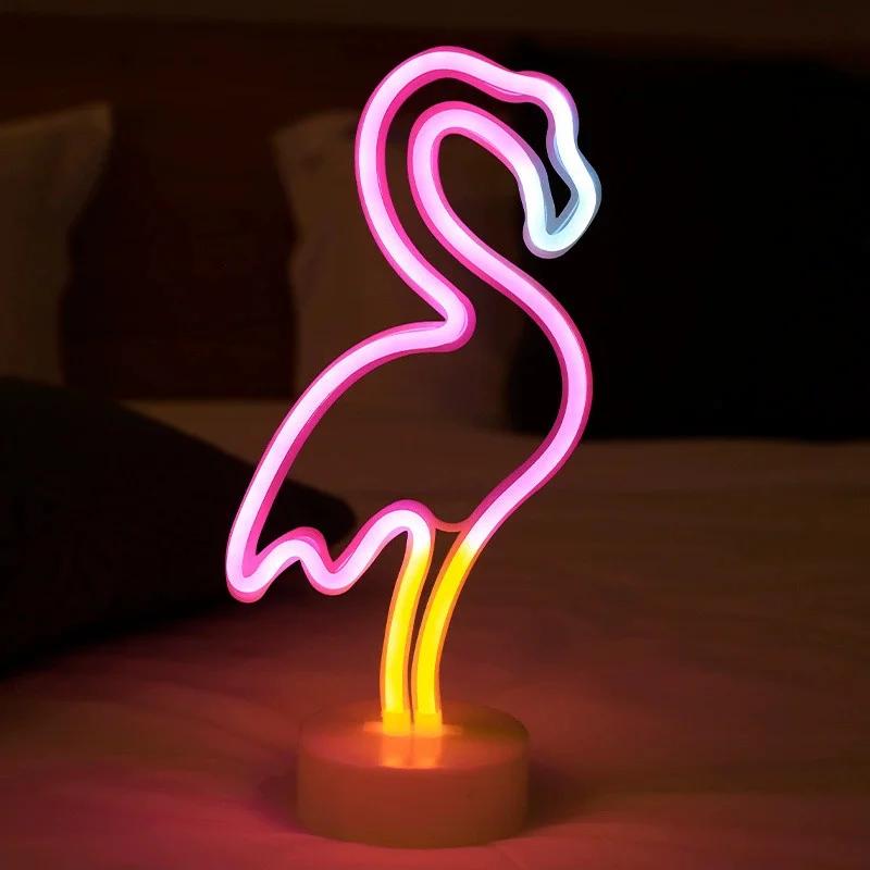Festoon LED Neon Night Light Sign Flamingo Coconut Tree Cactus Table Lamp Kids Birthday Gifts Room Decoration USB/Battery Power