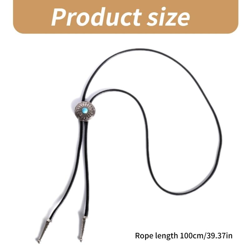 Vintage Bolo Tie Necktie Artificial Leather Braided Rope Necklace with Metal Sunflower Stone Pendant Jewelry Neckwear