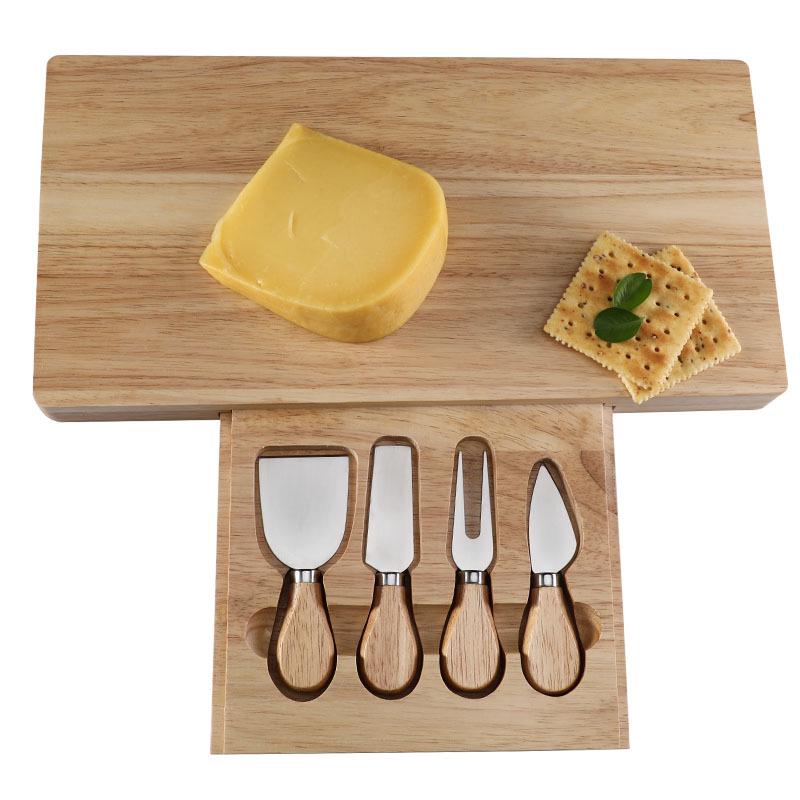 Stainless Steel Cheese Knife & Board Set with Rubber Wood Drawer
