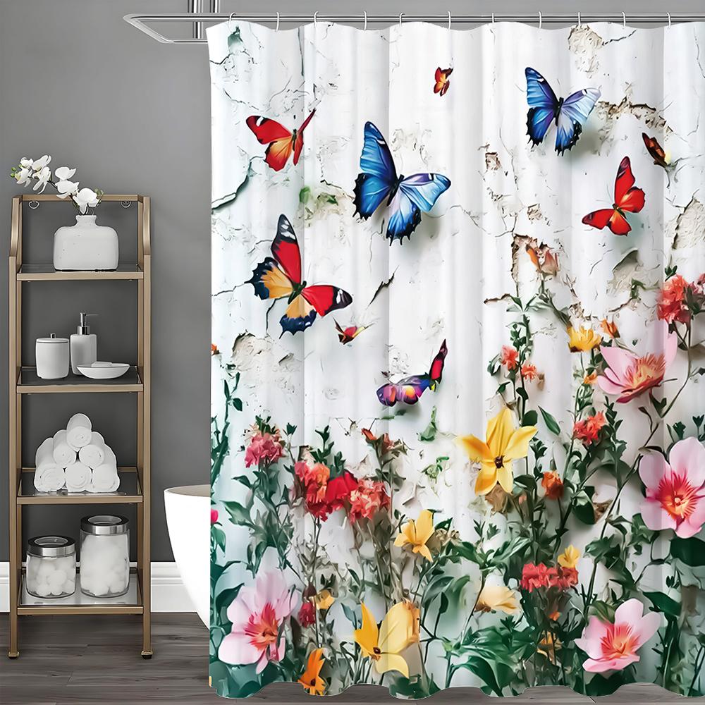 

Spring Butterfly Flower Shower Curtain, Bathroom Decorative Shower Curtain, Waterproof Shower Curtain with Hooks 90*180cm