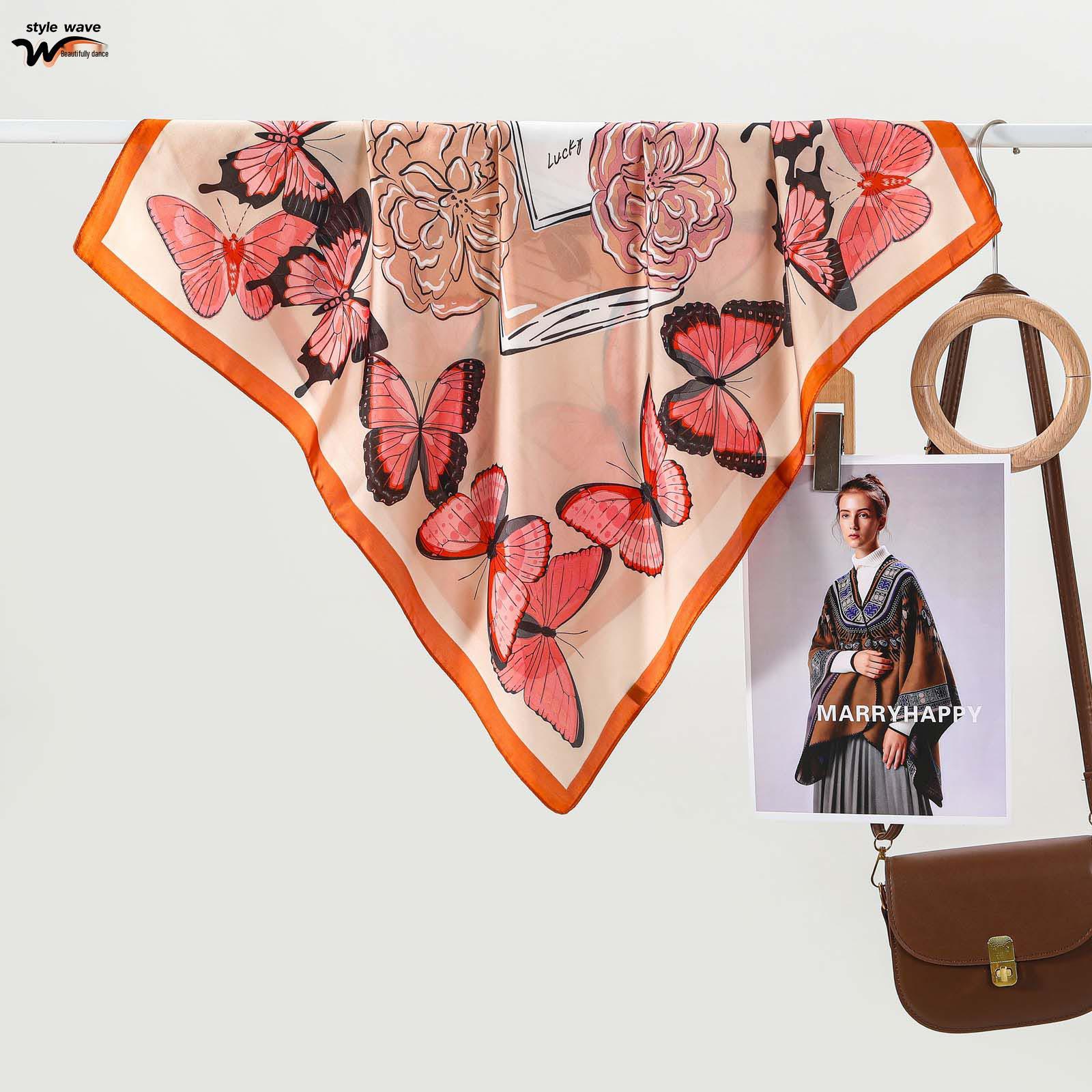 Elegant French Butterfly Floral Silk Scarf for Women - Versatile Romantic Square Souvenir Gift 70x70 CM