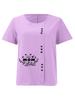 Women's Fashion Black Letter Floral Pattern Print Round Neck Short Sleeve T-shirt Summer Casual Cotton Linen Graphic Shirt Leisure Loose Blouse Tops