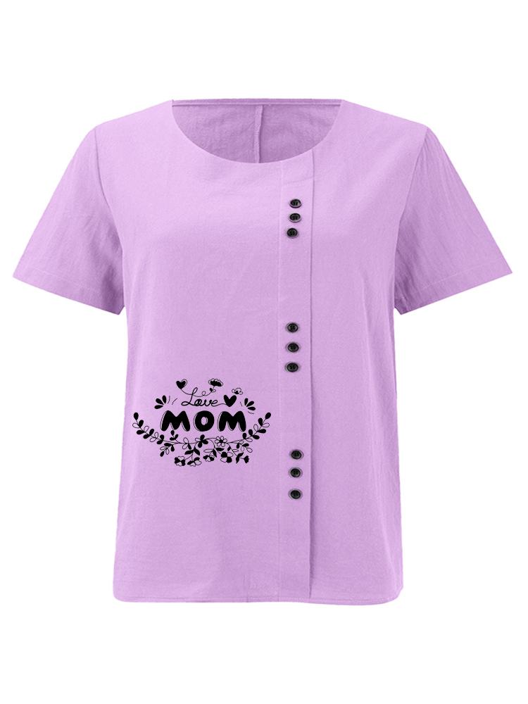 Women's Fashion Black Letter Floral Pattern Print Round Neck Short Sleeve T-shirt Summer Casual Cotton Linen Graphic Shirt Leisure Loose Blouse Tops