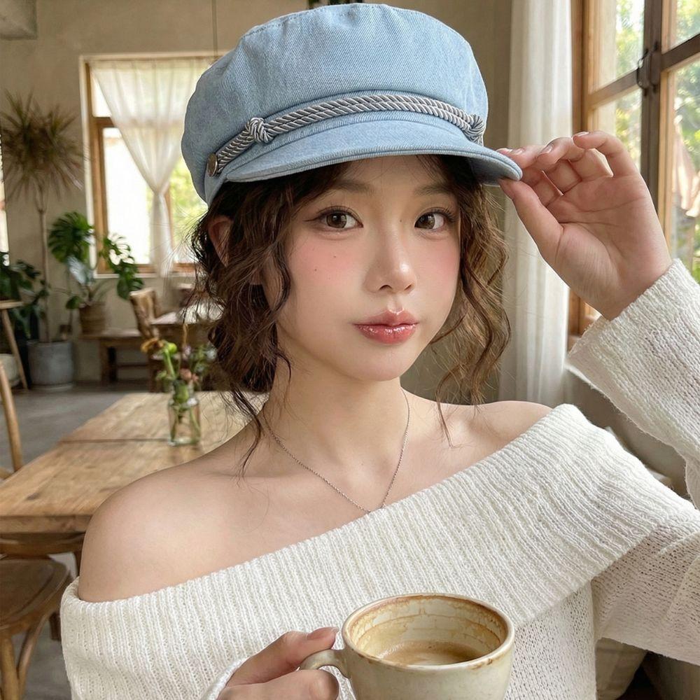 Japanese Retro Denim Cloud Berets Cap Solid Color Simple Women's Artist Hat Elegant Octagonal Hat Casual Versatile Newsboy Hat