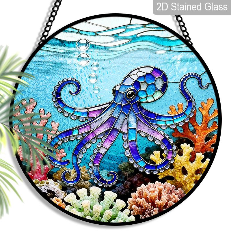 

2D Flat Stained Glass Octopus Ocean Theme Window Decoration, 7.87inches The Blue Octopus in The Coral Design Colored Glass Plate with Chain, Summer 7.87inch