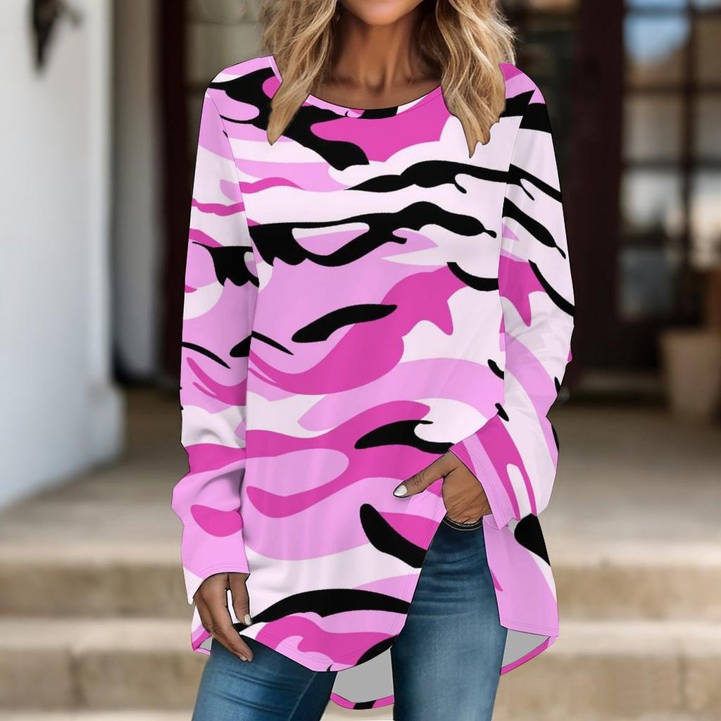 Women Long Sleeve Tunic Top Print Crew Neck Loose Fit Blouse With Pockets Casual Daily Wear Ladies Tops