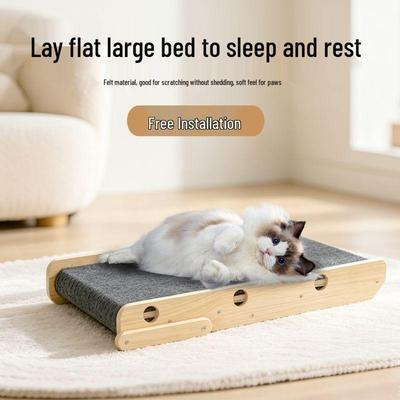 Solid Wood Felt Cat Scratcher & Resting Bed - No Installation Needed, Wear-Resistant, Lint-Free Design
