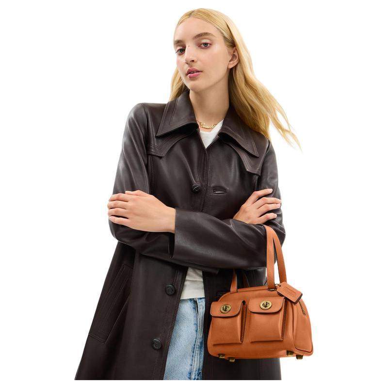 Coach Originals Twin Turnlock 20 Vintage Style Cow Leather Shoulder Bag Small Women's Toffee