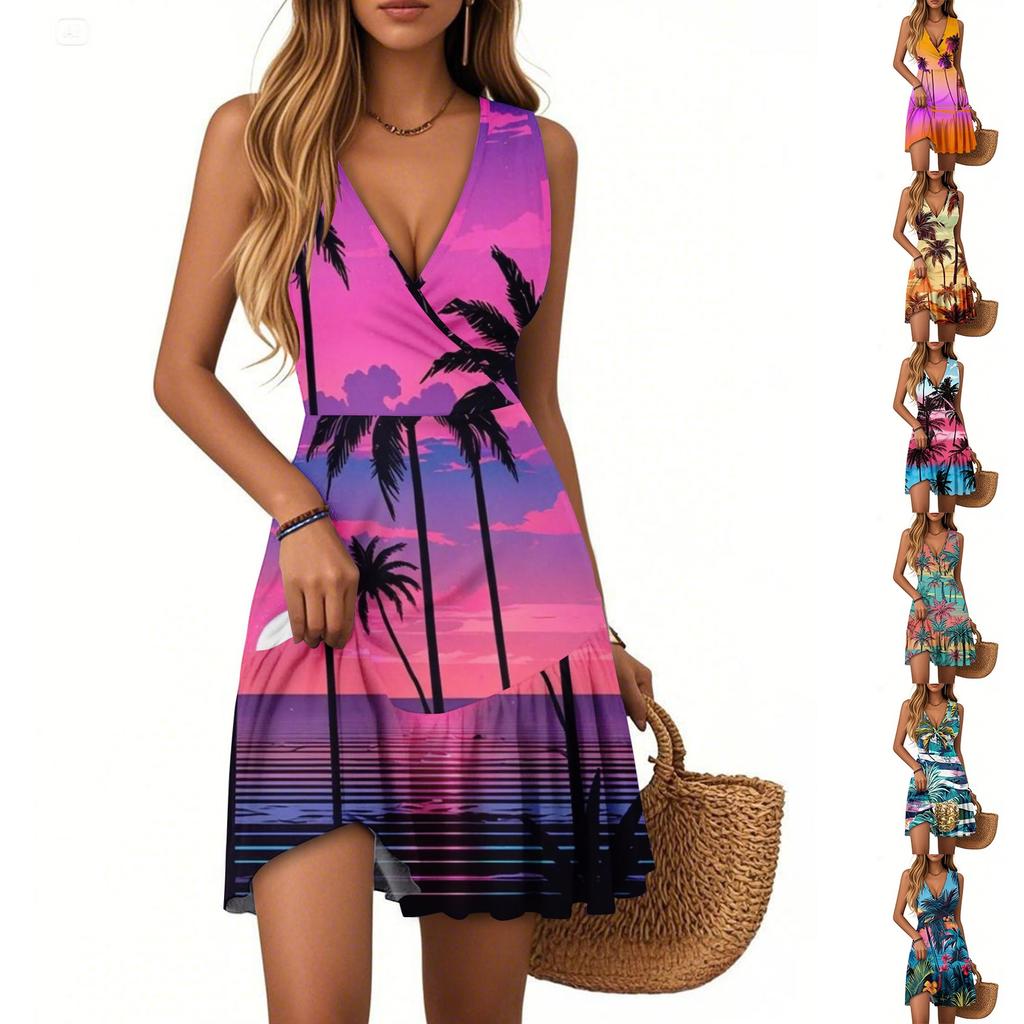 Women's Summer Dress V Neck Sleeveless Casual Hawaiian Print Hem Pleated Dress