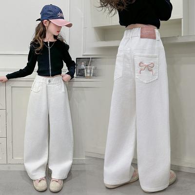 Pantalones vaqueros rectos blancos vintage para niños de primavera con lazos, pantalones vaqueros slim sueltos para niñas, pantalones vaqueros casuales para niños adolescentes
