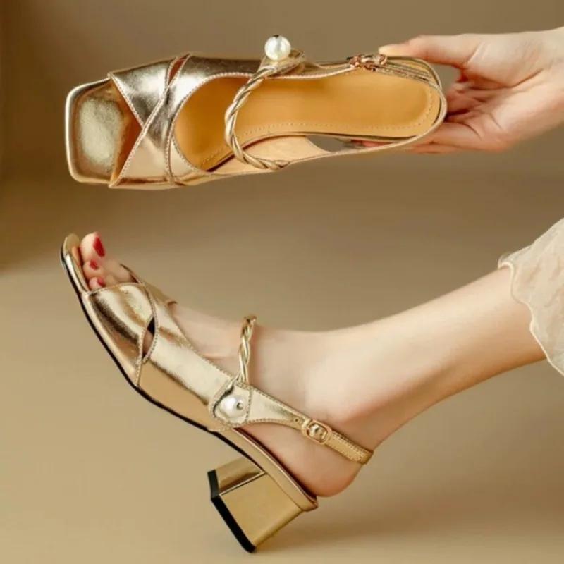 Women's Sandals Square Toe One-line Buckle Pearl Square Heel Shoes Women Dress French Elegant  Anti-slip New Zapatillas De Mujer