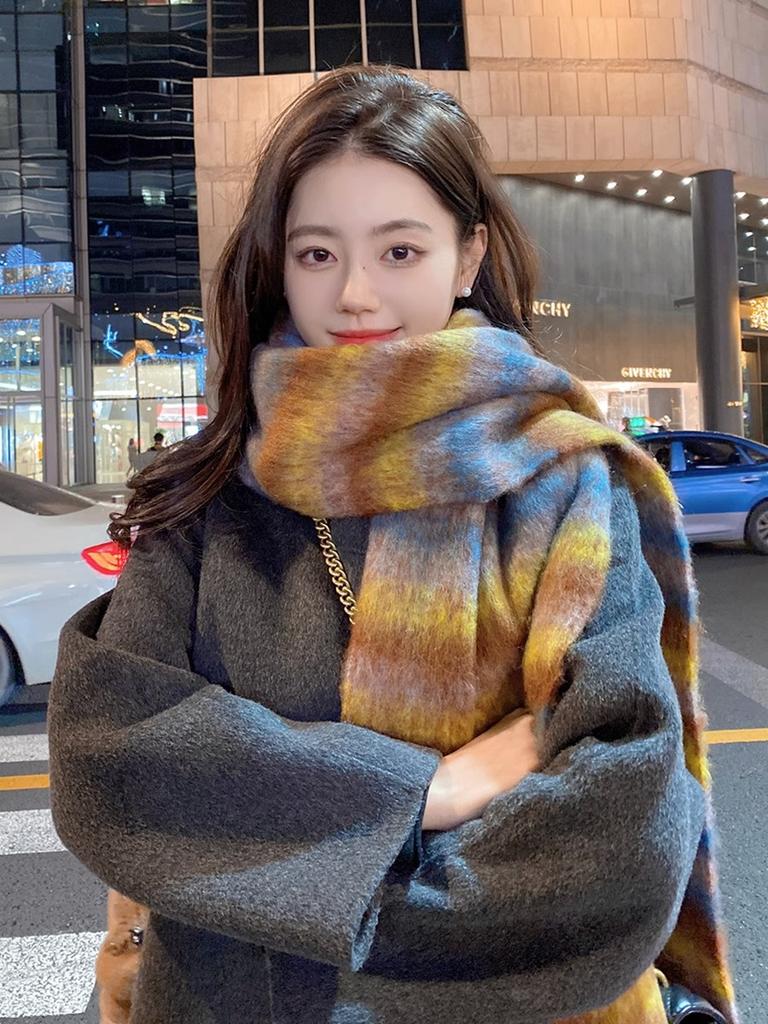 High-end Scarf Women's Autumn and Winter New Versatile Mohair Plaid Shawl Couple Thickened Warm Scarf