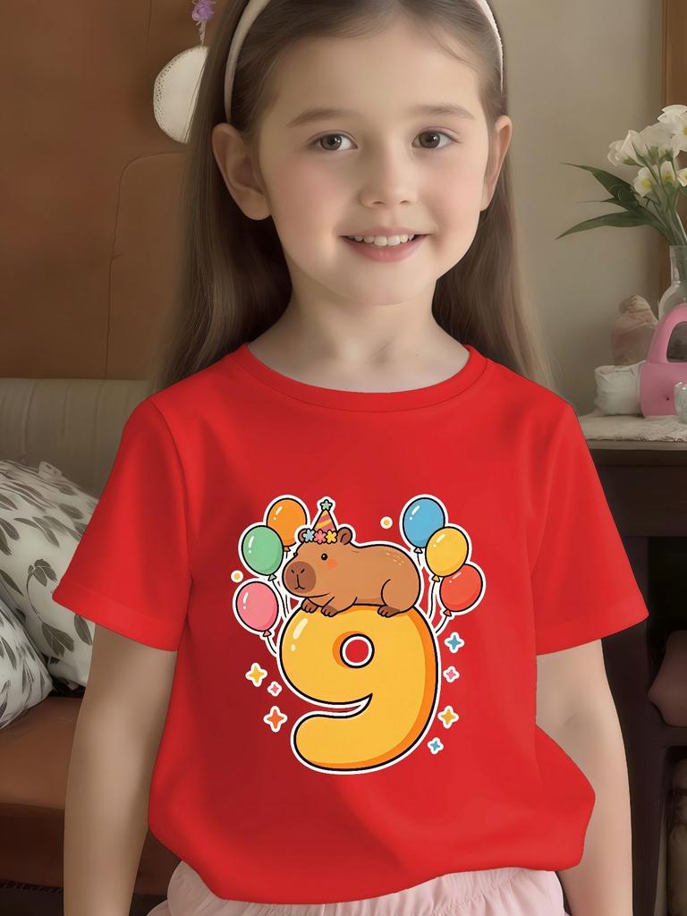 Capybara Birthday 9 Balloon Cartoon Print Kids T Shirt Boys Girls Family Match Cotton Short Sleeve Summer Daily Casual Clothes