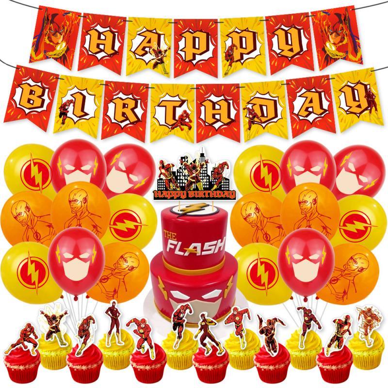 The Flash Themed Birthday Party Decorations Set With Banner, Cake Topper, And Balloons