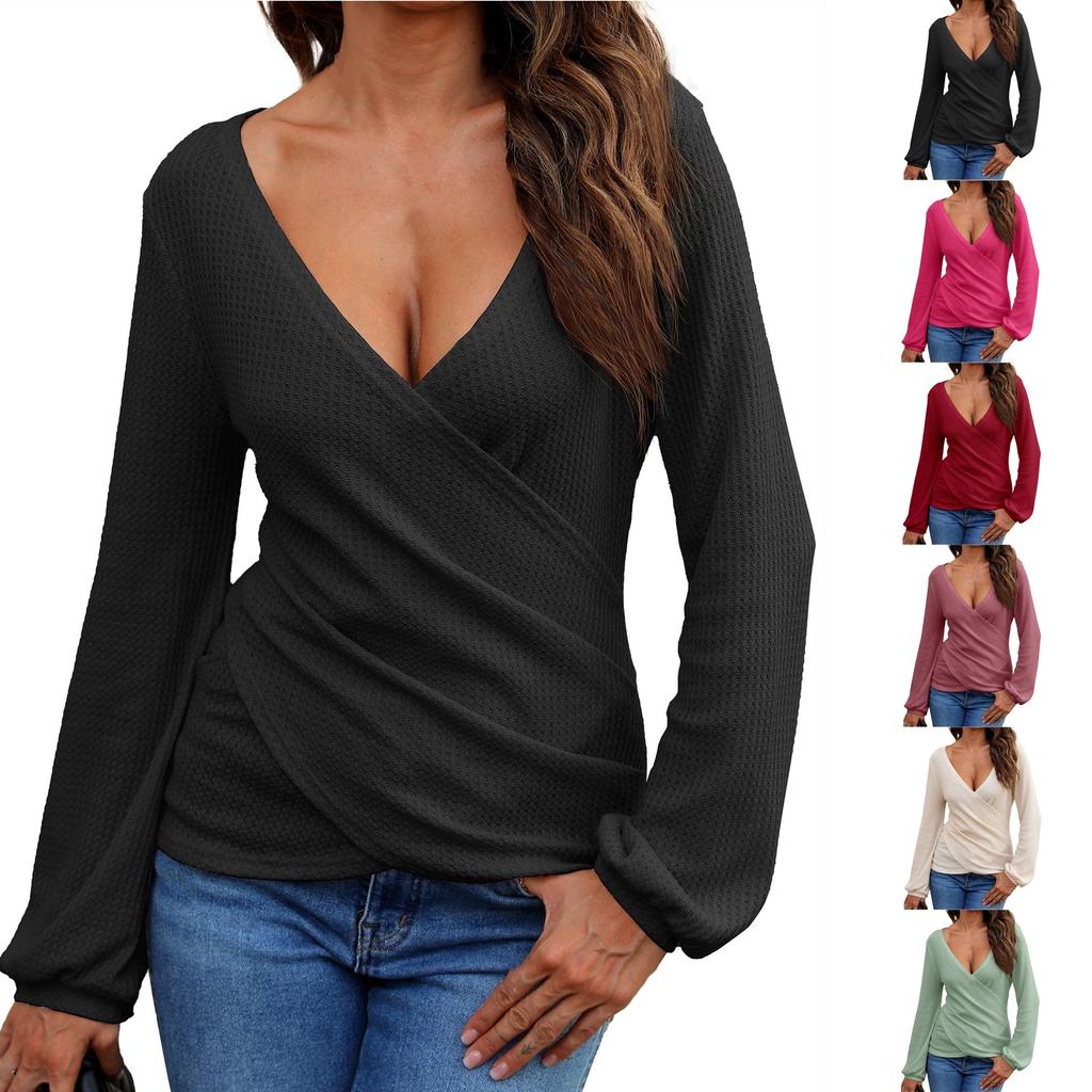 Women's Solid Color Long Sleeve Slim Top Sexy Casual Collar Shirt Top