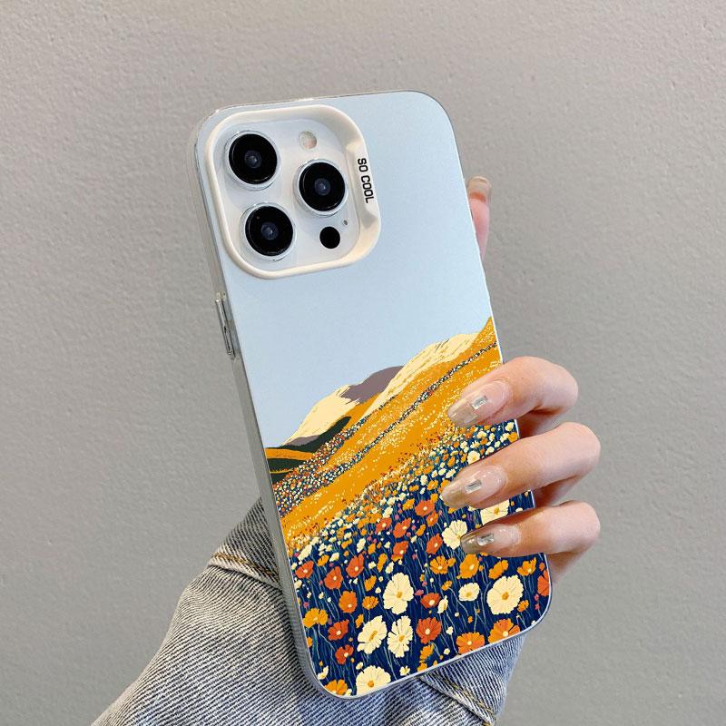Mountains And Plains Fresh Flowers Laser Phone Case For iPhone 14 15 16 Pro Max Plus 13 Mini 11 12 Pro Max Shockproof Back Cover