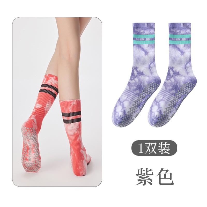 Non-Slip Yoga Socks Women Mid-Calf Cotton Blend Pilates Indoor Workout With Tie-Dye