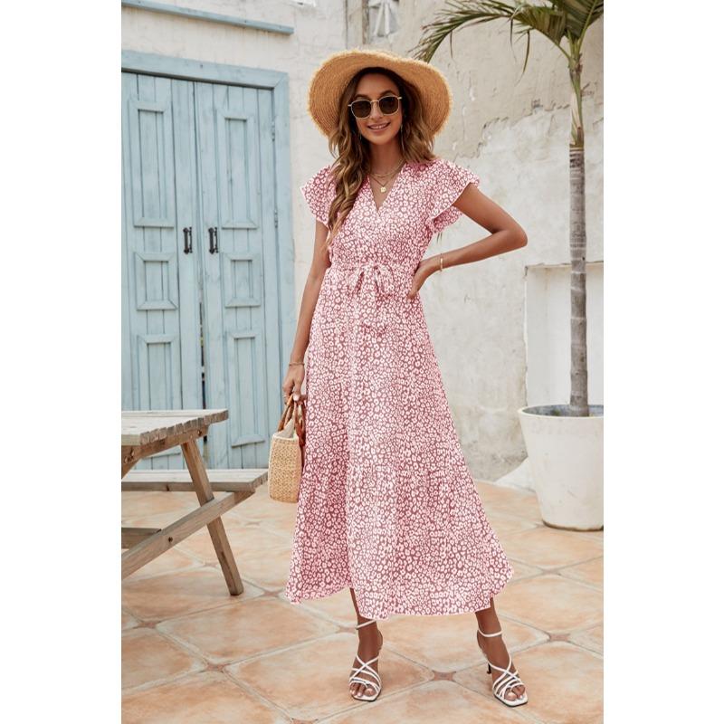 

Женское платье с короткими рукавами, рукавами-крылышками, поясом и плиссированным подолом XXL розовый