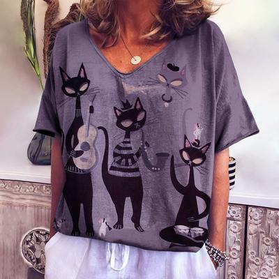 Roupas femininas verão retro camiseta feminina anime gato gráfico com decote em v manga curta casual streetwear blusa feminina de grandes dimensões