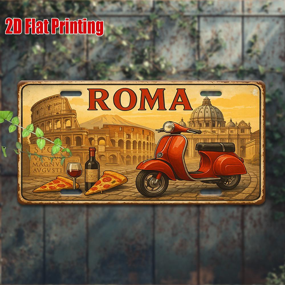 Printing, , Vintage Metal License Plate, Outdoor Wall Art , Number ROMA Aluminum Sign with and Wine, for Home, Bar, Cafe, Gar