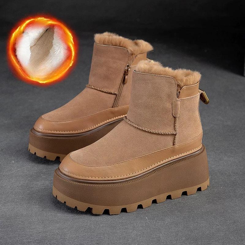 

Женские зимние ботильоны на платформе, замшевые короткие, плюшевые, хлопковые, на среднем каблуке, тренд 2025 года, теплые зимние ботинки 35 коричневый