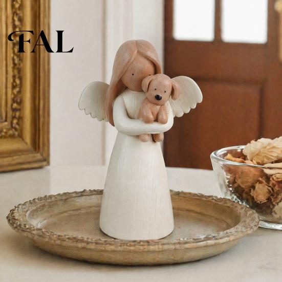 Pet Memorial Gifts for Dog Lovers Angel Holding Puppy Figurine, Cute Resin Statue Home Durable Craft Desk Decor, Handcrafted Wood Carving Texture