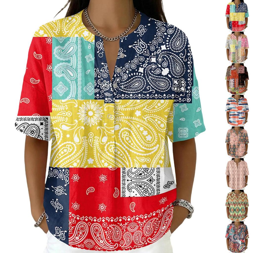 Damenmode Bedrucktes V-Ausschnitt-Shirt Kurzarm Pullover Top Leichte Lässige Bluse für den Alltag