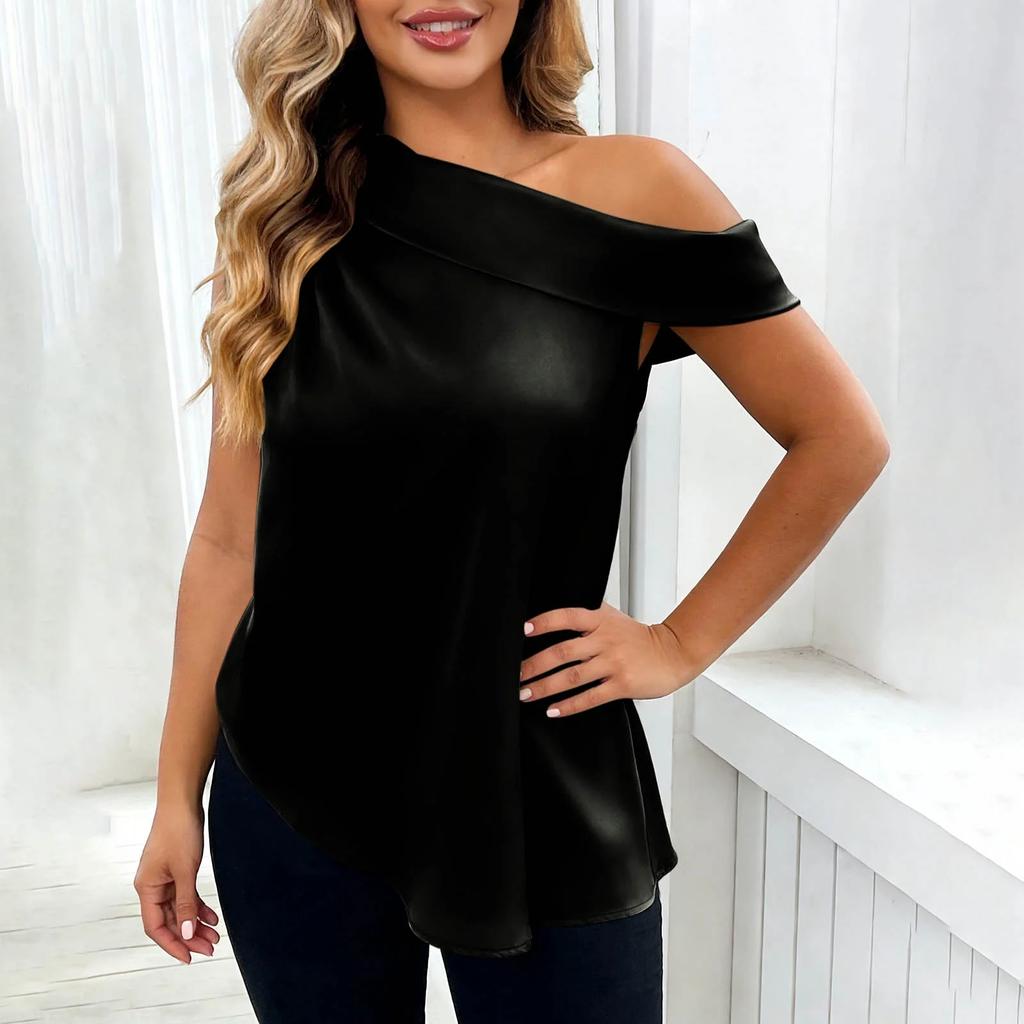 Women’s Fashionable Casual Plain Off-the-Shoulder Satin Sleeveless Asymmetrical Hem T-Shirt Top