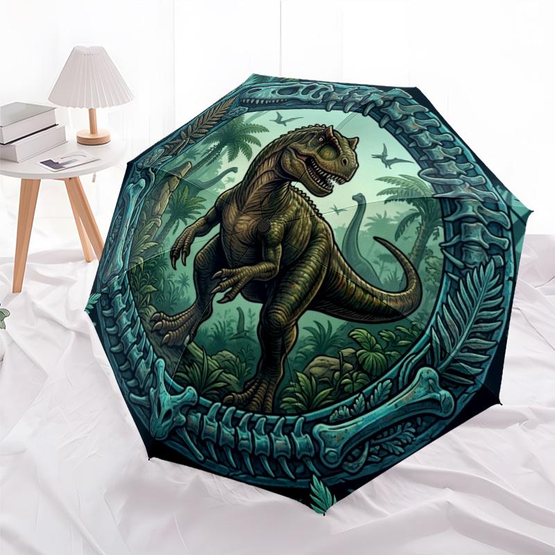 Prähistorisches Dinosaurier-Dschungel-Muster Regenschirm, tragbares und faltbares Design, 8 Speichen, ein lässiges Accessoire für Halloween, Weihnachten und Geburtstagsgeschenke.