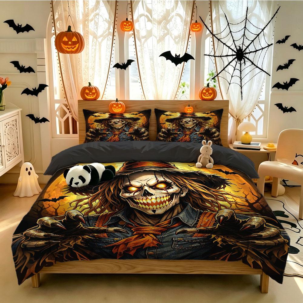 3‑Pieces Halloween Skeleton Scarecrow Print Bedding Set Without Filler Duvet Cover 2 Pillowcases Soft Comfortable Machine Was