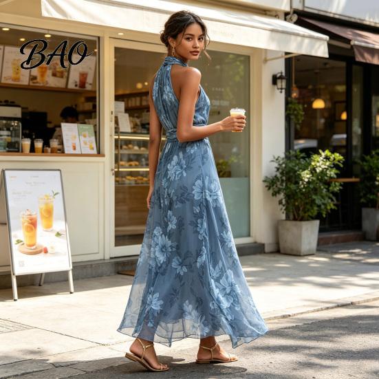 High-waisted Dress Floral Chiffon for Women, Halter Sleeveless Ruched Maxi Green Print Dress, Turtle Neck Wedding Guest Cocktail Evening Pleated Waist