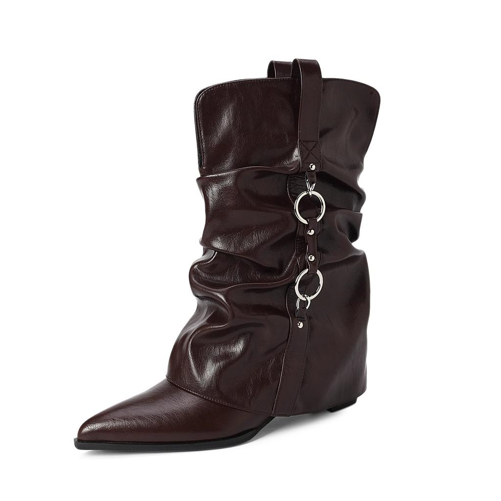 2025 new retro pointed metal buckle pleated short boots thick heel trouser tube boots women's pile boots brown wide boots