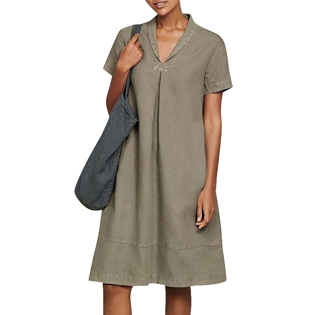 Women's Summer Casual Midi Short Sleeve Dresses Solid Color V-Neck Beach Vacation Dresses