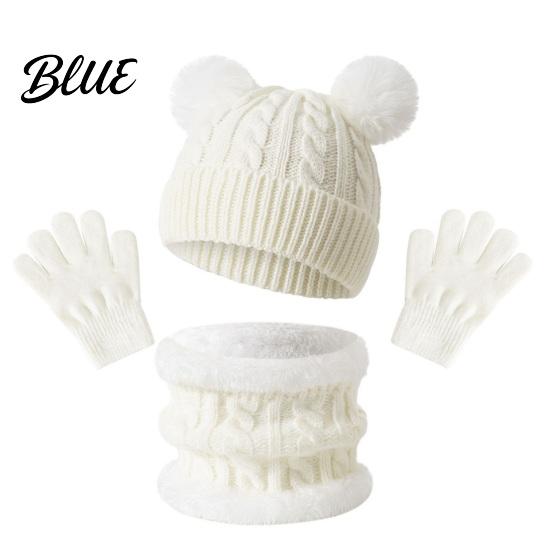 Soft Comfortable Winter Headwear Kids Warm Knit Set Bear Ear Hat Fleece Lined Neck Gaiter & Thermal Accessories Full Finger Gloves Thick