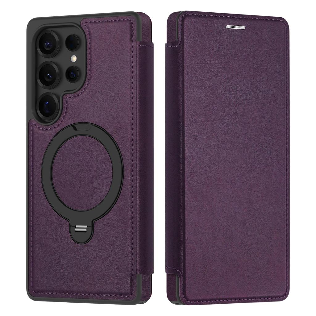 For Samsung Galaxy S25 Ultra Magnetic Case RFID Blocking Leather Wallet Cover with Rotating Ring Kickstand