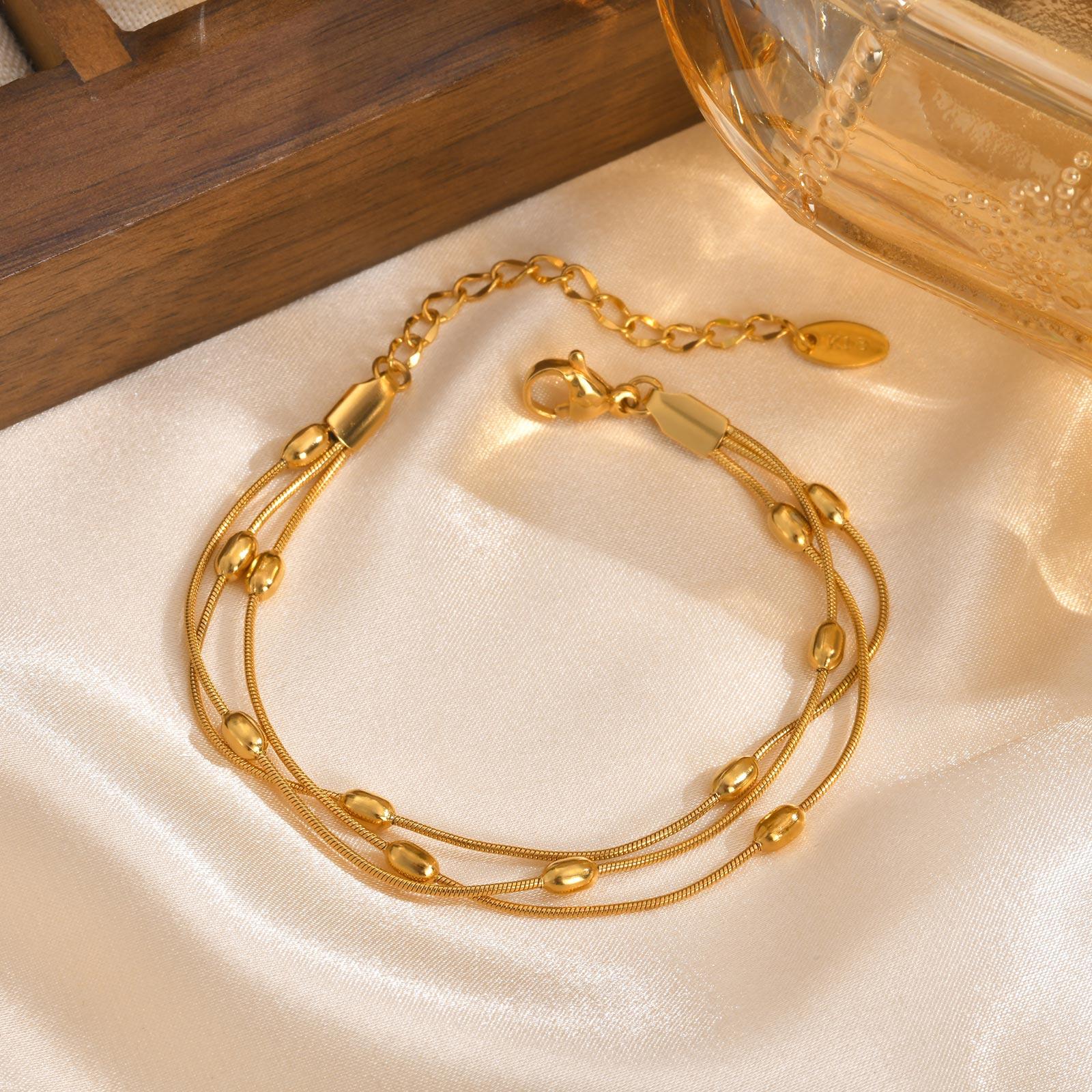 

Stainless Steel Three-layer Rice Beads Round Snake Chain Bracelet for Women Girl Gold Color Multilayer Bracelets Fashion Jewelry