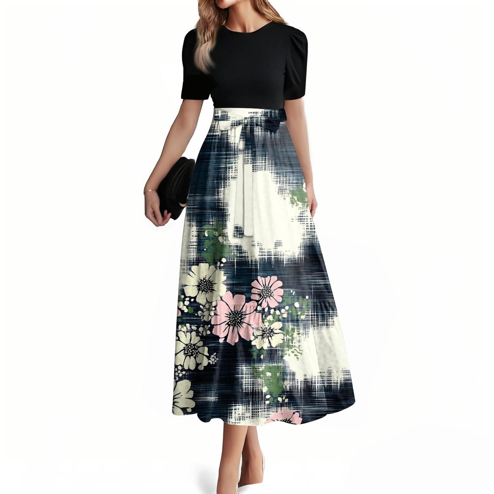 

Женское модное повседневное платье с коротким рукавом и круглым вырезом, элегантное, темпераментное L тёмно-синий