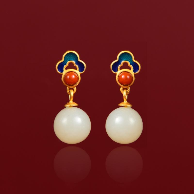 Tichiya High-End 925 Sterling Silver Earrings: Chinese Style Design with Natural White Jade 925 Silver