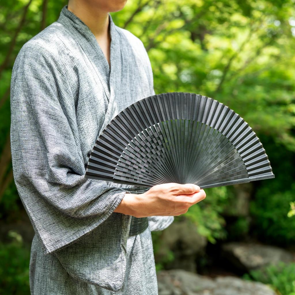 [Keichido] Folding Fan with Noshi Box, Checkered Frame, xin01 Black