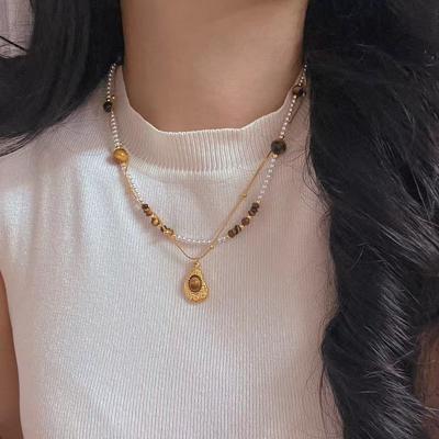 Vintage High-Quality Maillard Wind Natural Tiger'S Eye Stone Collarbone Chain Necklace Autumn And Winter New Models
