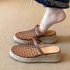 2025 New Holiday Style Straw Woven Mesh Bag Head Sandals Women's Niche Leisure Word with Slope Heel Thick Bottom Cool Slippers