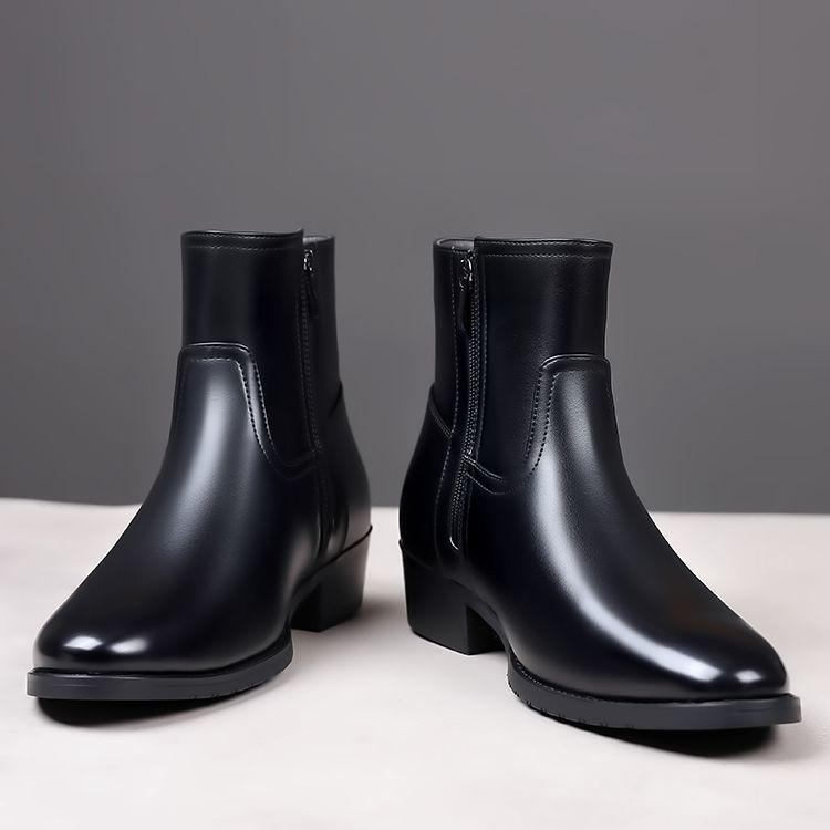 

Men s Pointed Toe Black Leather Chelsea Boots with Side Zipper and Chunky Heel Default Option