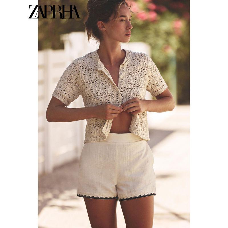Zaprha 2025 Summer New Sweet Style Versatile Hollow Knitted round Neck Short sleeve Cardigan Outerwear 8082001