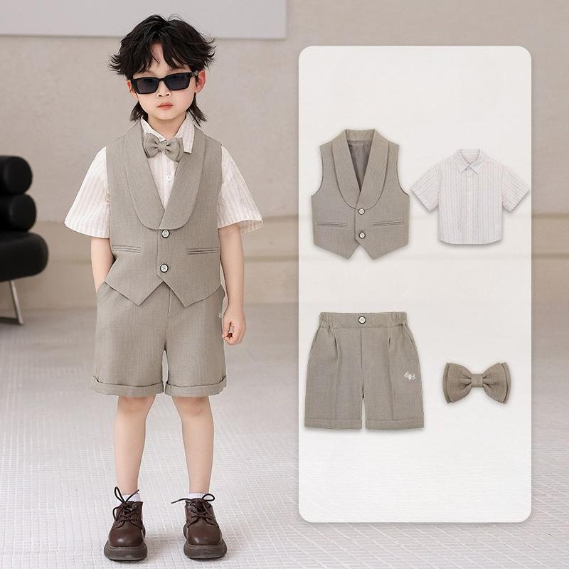 Boys 2 Colors Short Sleeve Shawl Lapel Vest Suit Set 4Pcs Summer Formal Tuxedo Outfit for Kids Toddlers Wedding Ring Bearer 6 Y 80cm