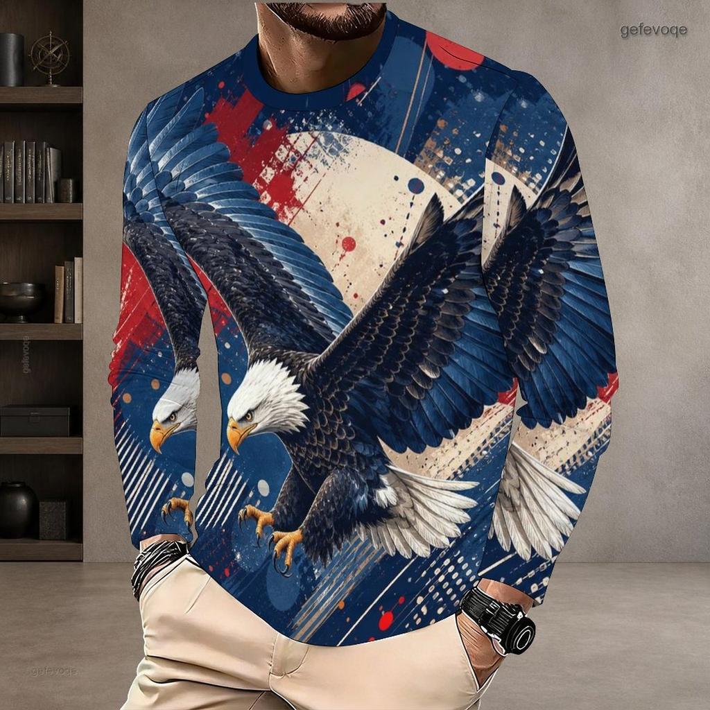 Men's Autumn and Winter Eagle 3D Printed Crew Neck Long Sleeve T-Shirt